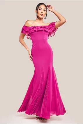 Goddiva Frilled Off The Shoulder Pleated Chiffon Maxi Dress - Magenta