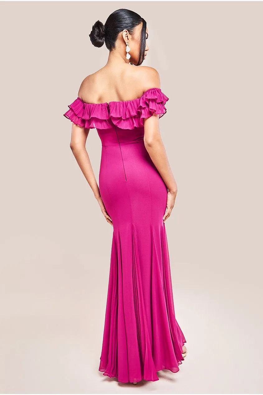 Goddiva Frilled Off The Shoulder Pleated Chiffon Maxi Dress - Magenta