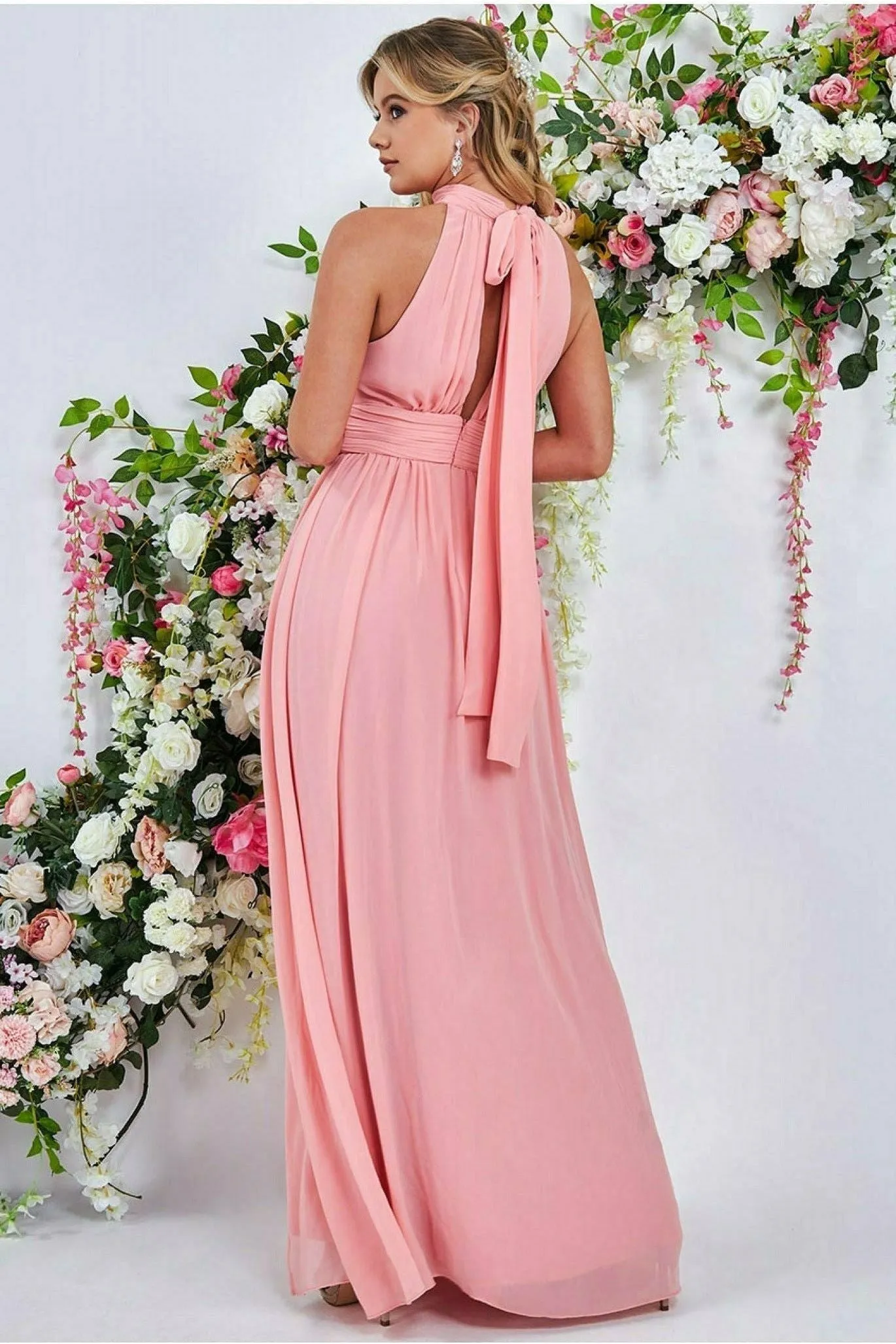 Goddiva Halterneck Chiffon Maxi Dress With Thigh Split - Peach