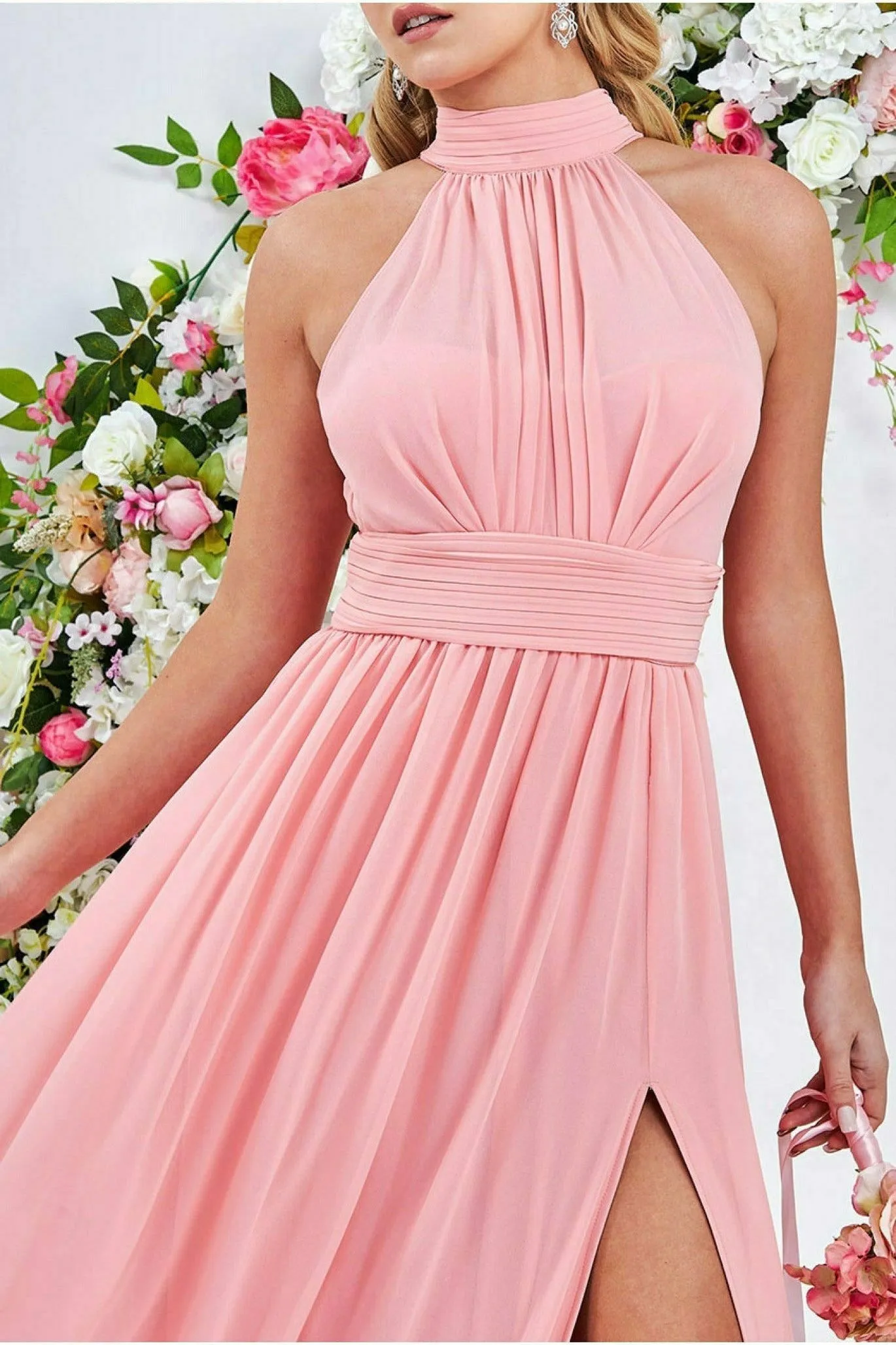 Goddiva Halterneck Chiffon Maxi Dress With Thigh Split - Peach