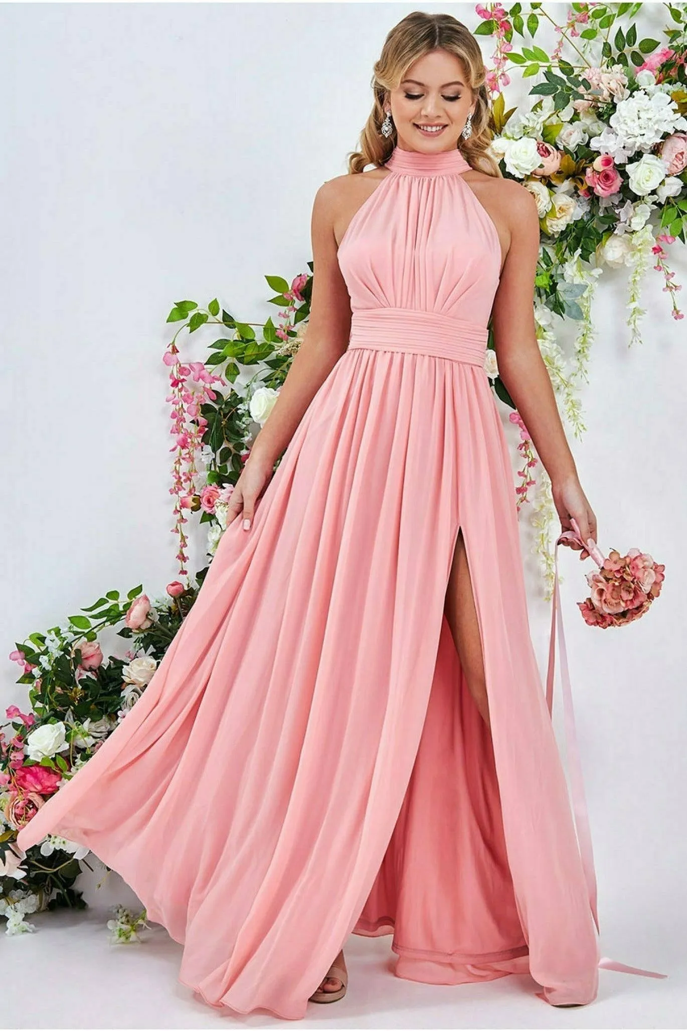 Goddiva Halterneck Chiffon Maxi Dress With Thigh Split - Peach