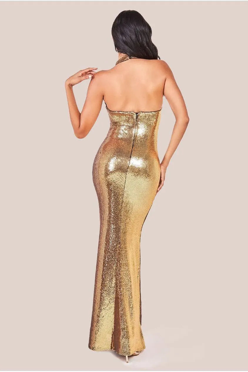 Goddiva Liquid Sequin Halterneck Maxi With Corsage - Gold