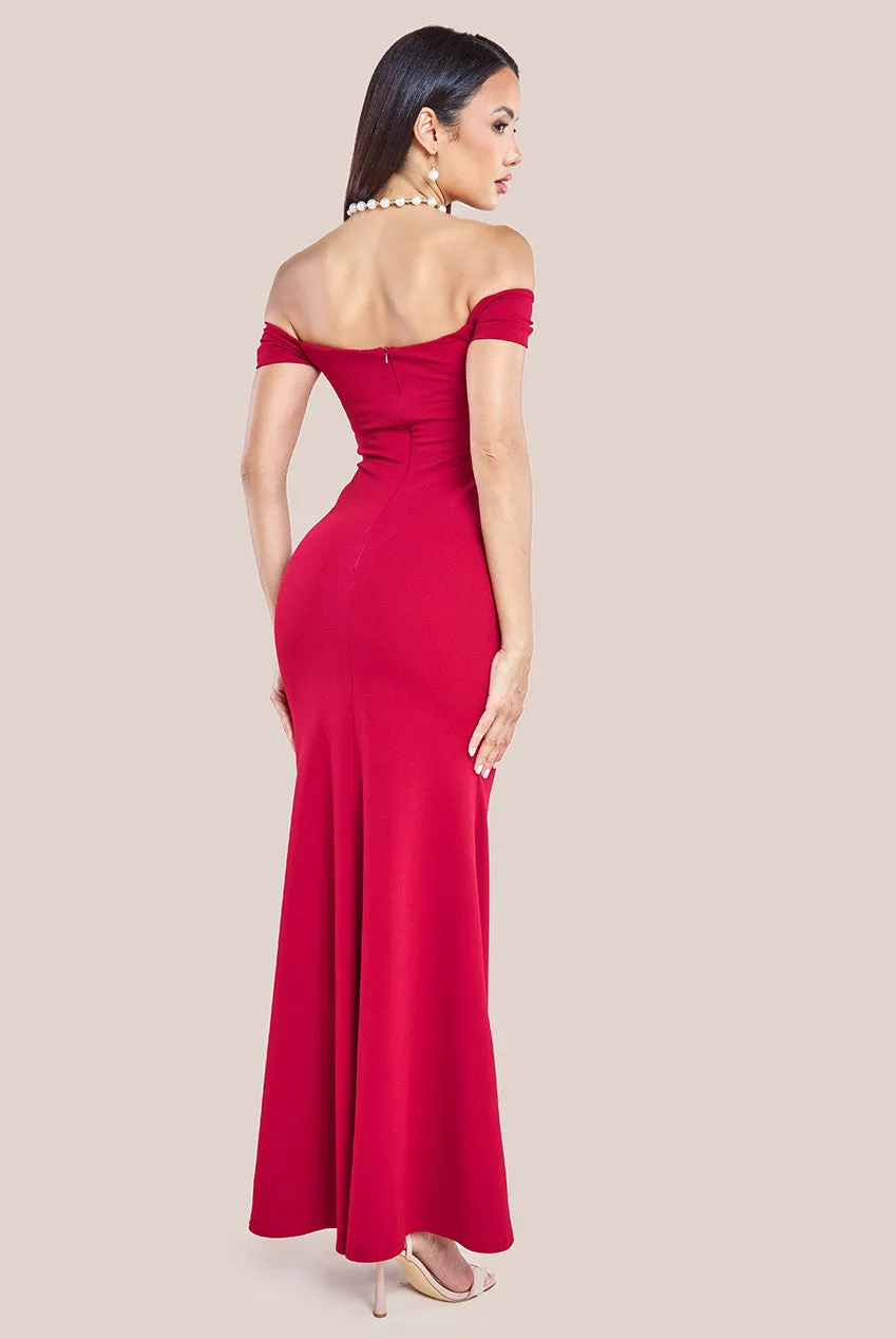 Goddiva Pleated Bardot Scuba Maxi Dress - Wine