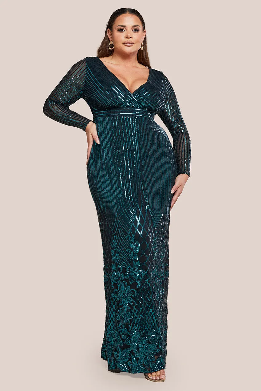 Goddiva Plus Long Sleeve Sequin V Wrap Maxi Dress - Emerald Green