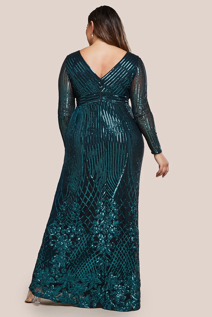 Goddiva Plus Long Sleeve Sequin V Wrap Maxi Dress - Emerald Green