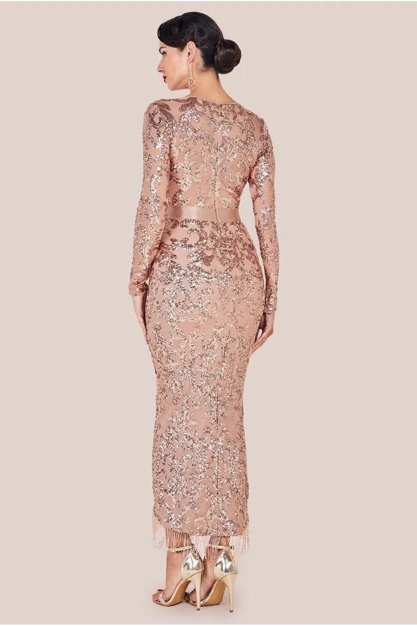 Goddiva Tassel & Sequin Maxi With Front Split - Champagne