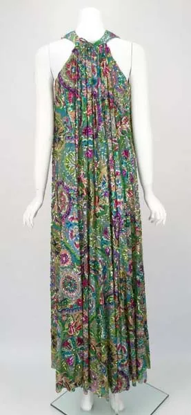 Gorgeous 1960s Multi Colored Chiffon Beaded Maxi Dress