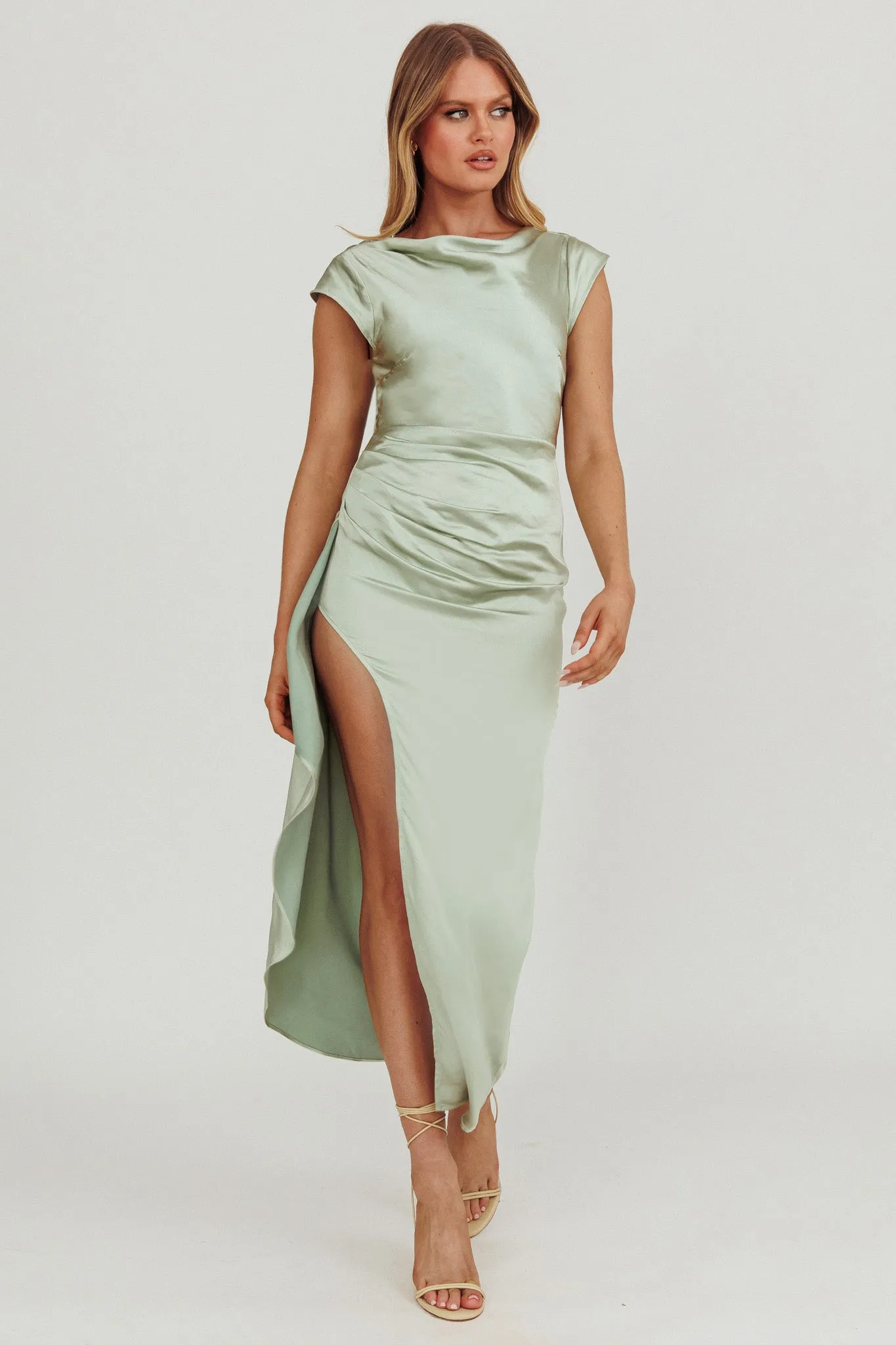 Grecian Cap Sleeve Cowl Back Dress Sage