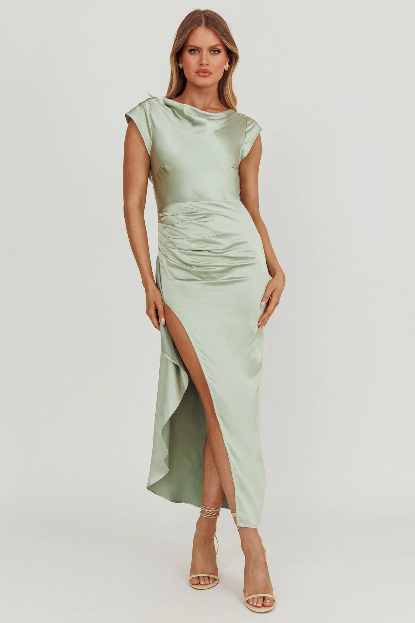 Grecian Cap Sleeve Cowl Back Dress Sage