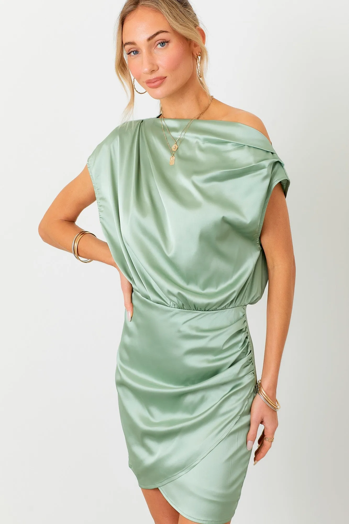 Green Wrap Hem Satin Mini Dress