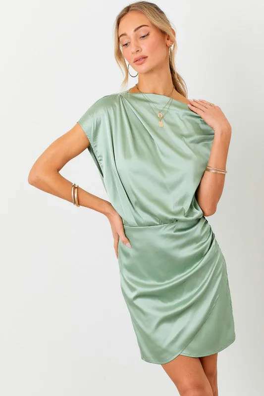 Green Wrap Hem Satin Mini Dress