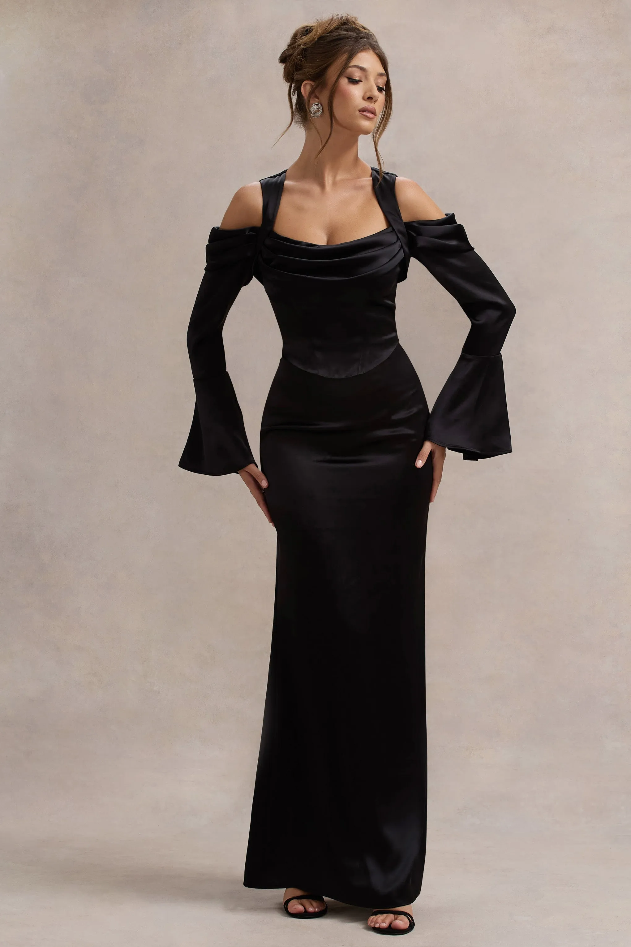 Heartthrob | Black Satin Draped Bardot Maxi Dress