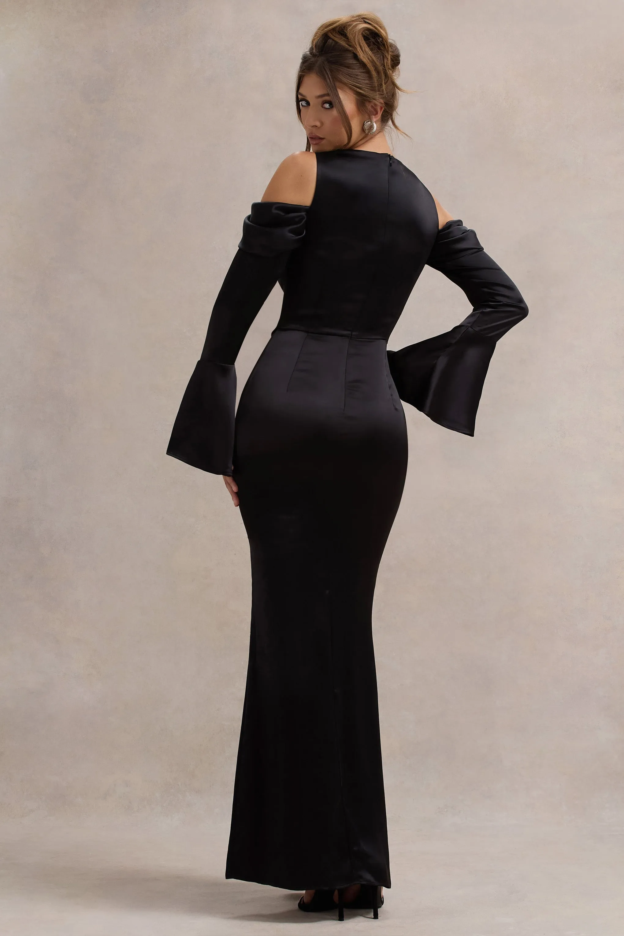 Heartthrob | Black Satin Draped Bardot Maxi Dress