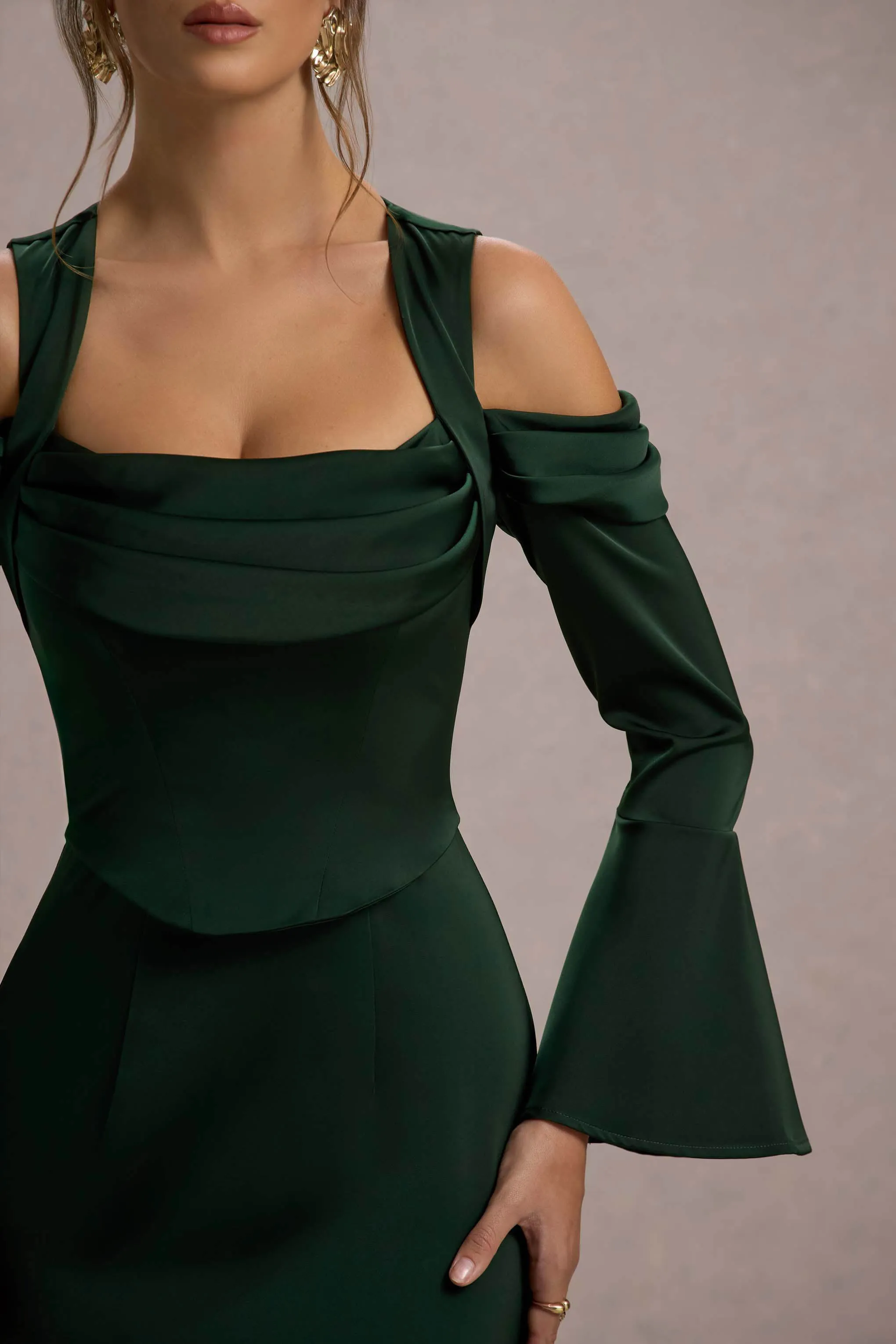 Heartthrob | Green Satin Draped Bardot Maxi Dress