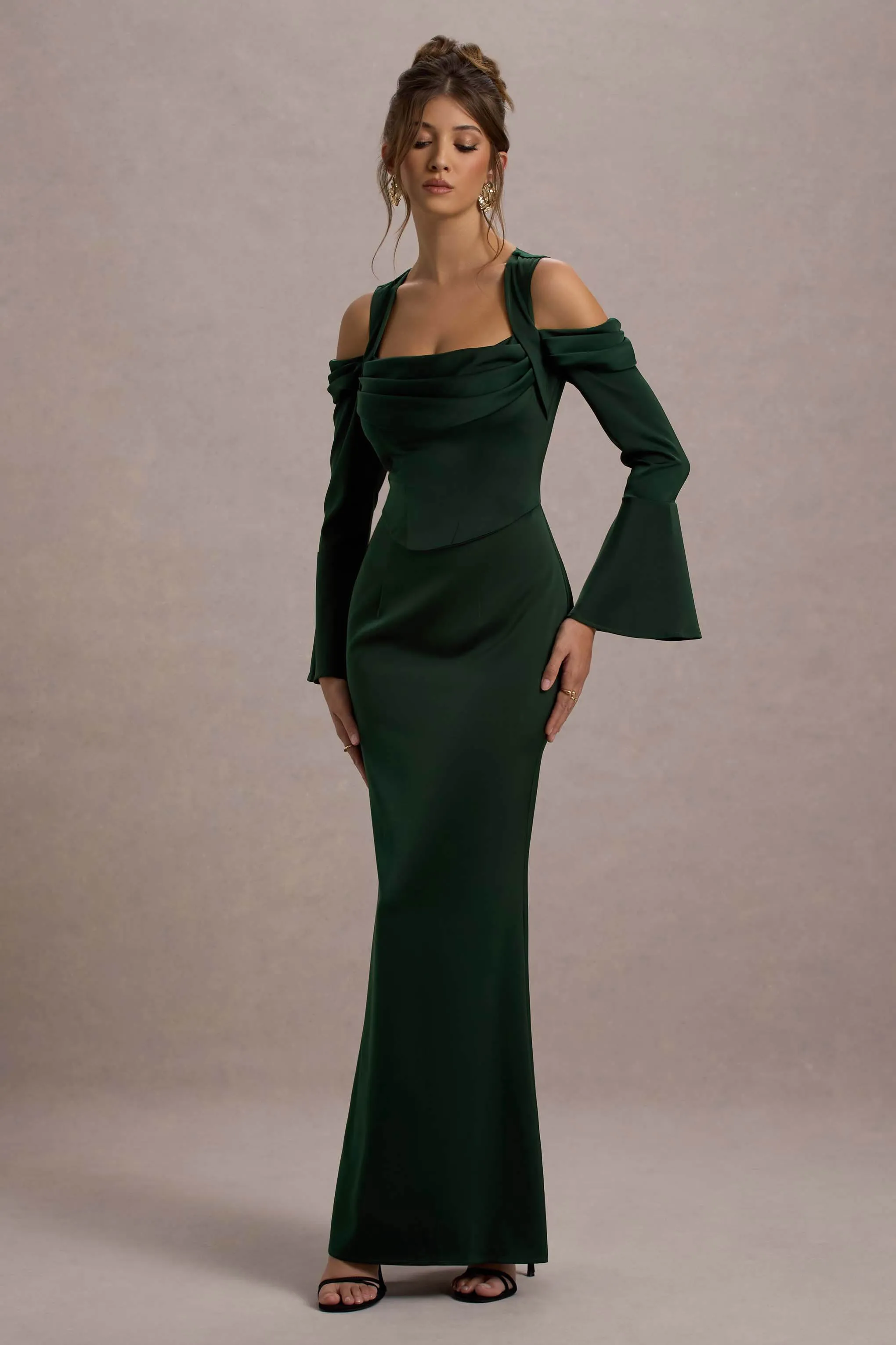 Heartthrob | Green Satin Draped Bardot Maxi Dress