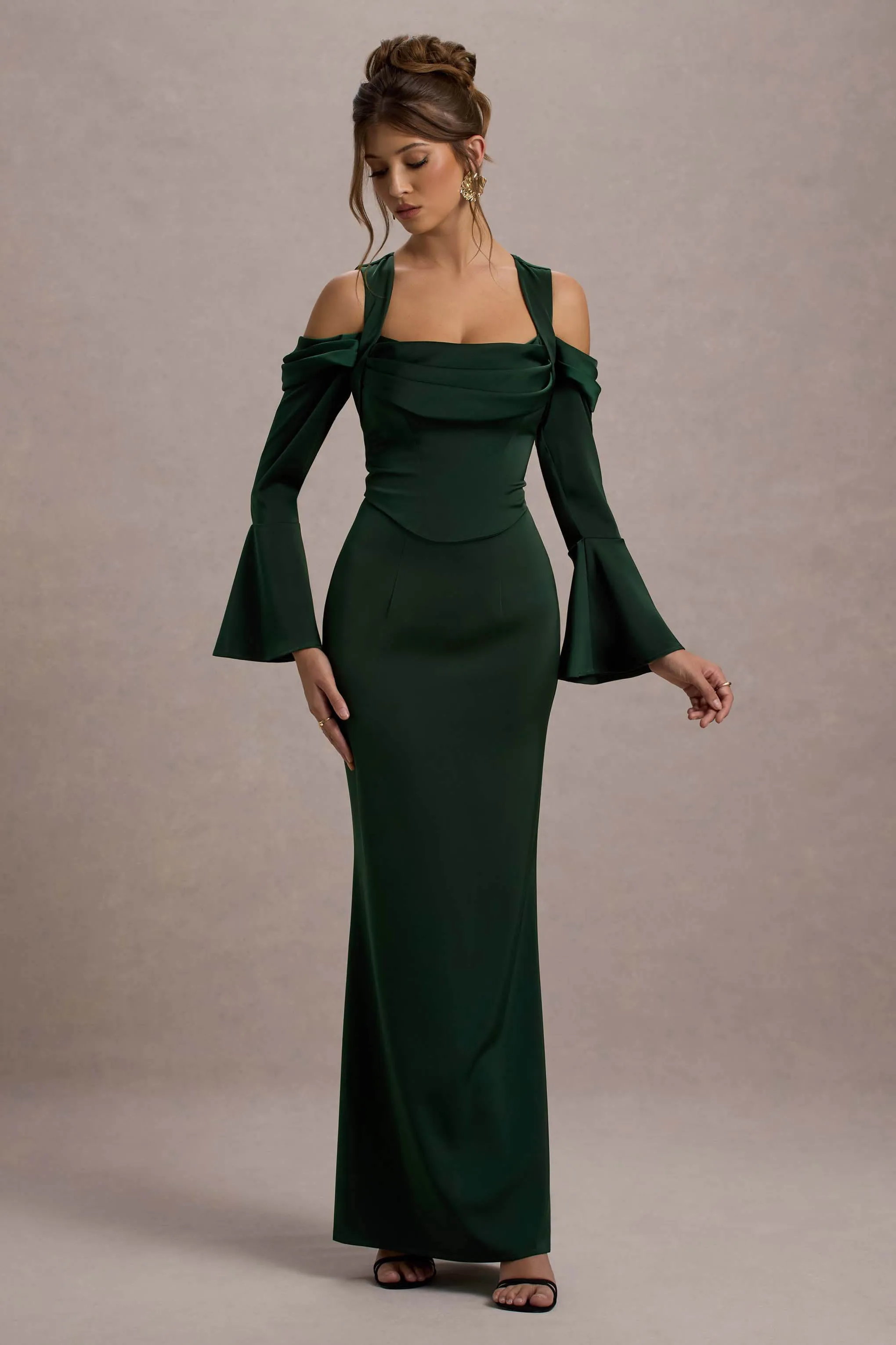 Heartthrob | Green Satin Draped Bardot Maxi Dress