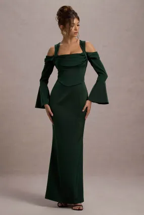 Heartthrob | Green Satin Draped Bardot Maxi Dress