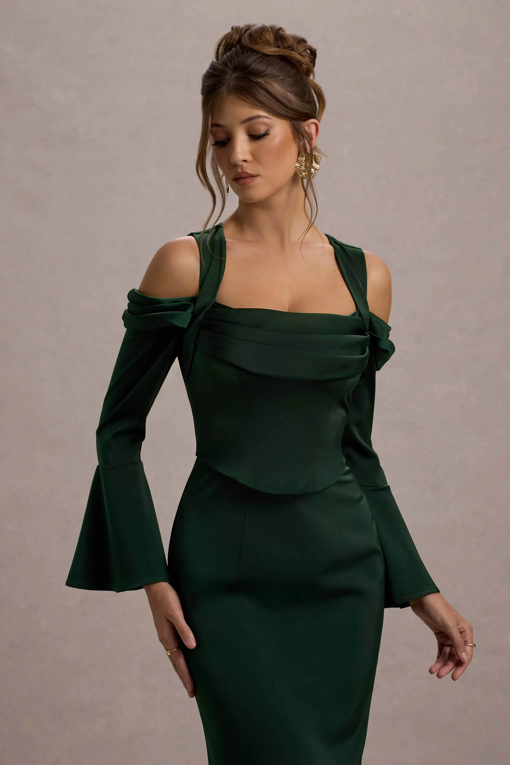 Heartthrob | Green Satin Draped Bardot Maxi Dress