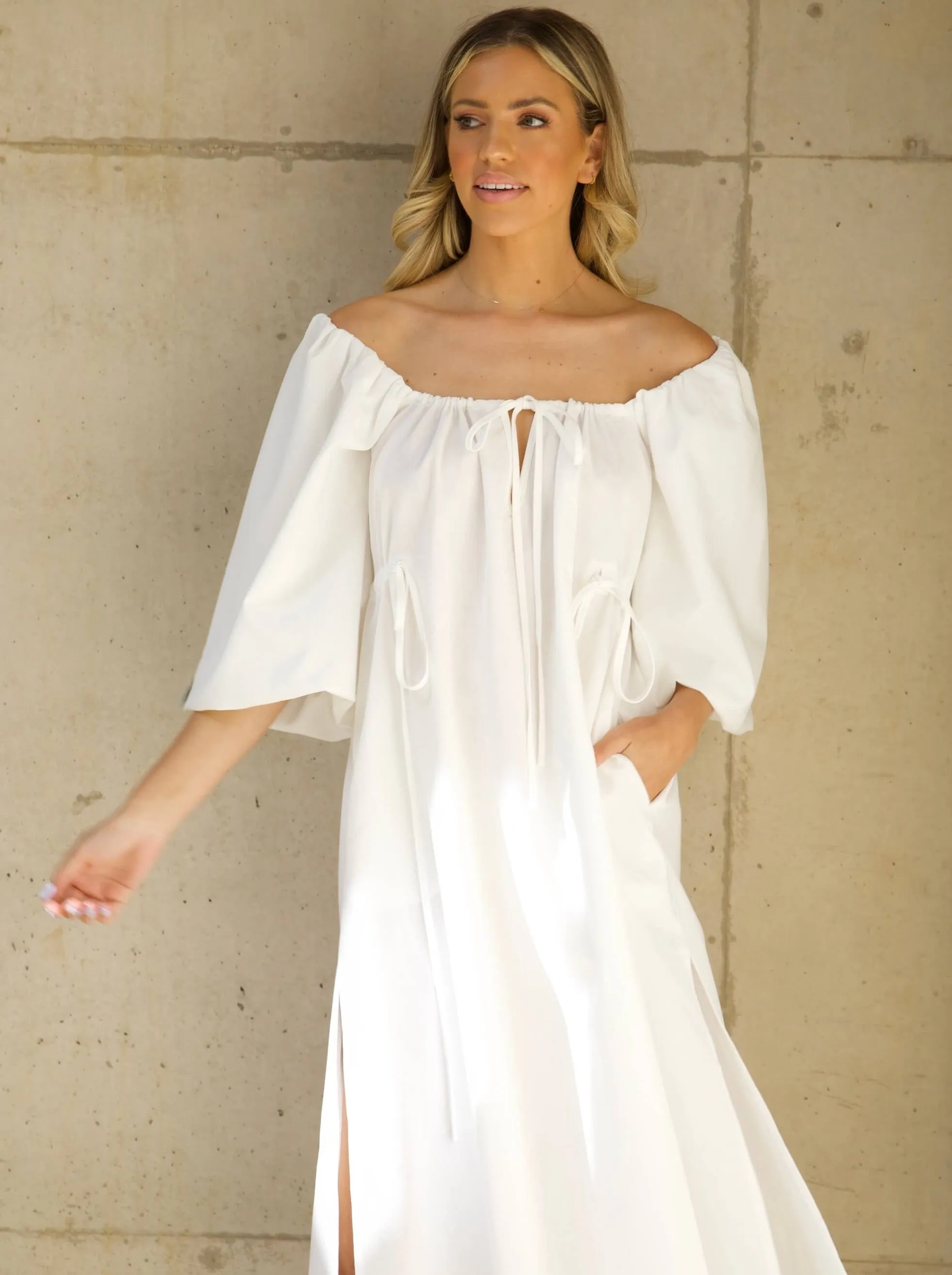 'HERA' SQUARE NECK BALLOON SLEEVE MIDAXI DRESS WHITE