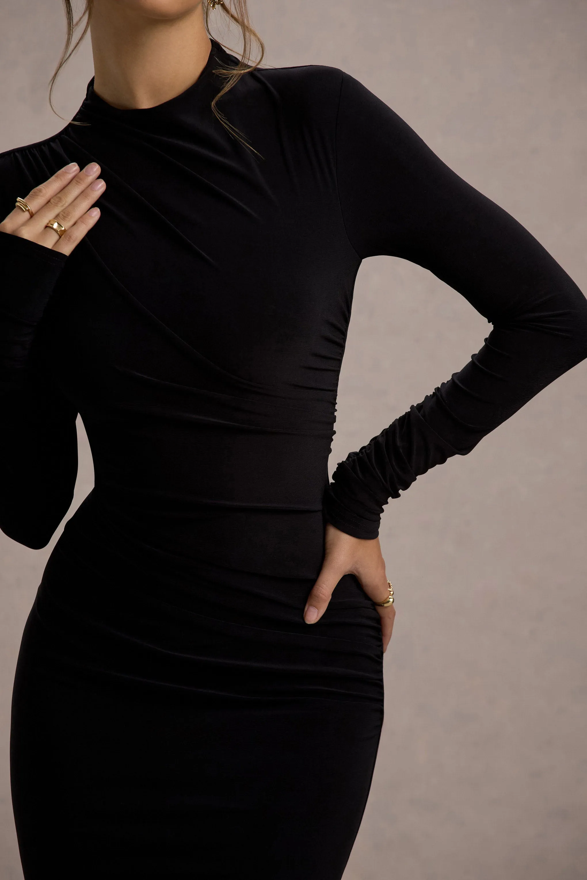 Hespera | Black High-Neck Long-Sleeve Gathered Maxi Dress