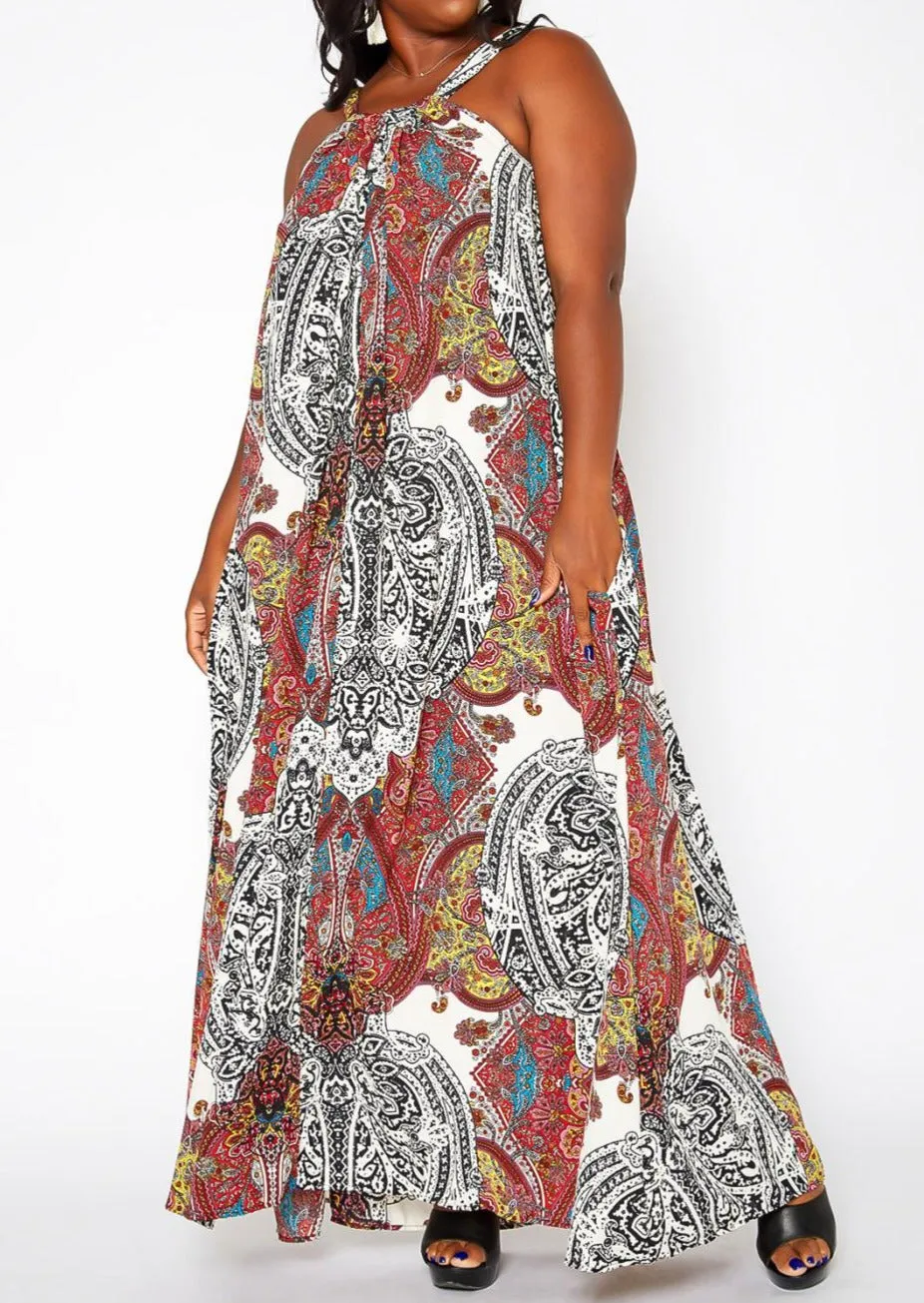 Hi Curvy Plus Size Women Paisley Print maxi Flare Dress with Pockets