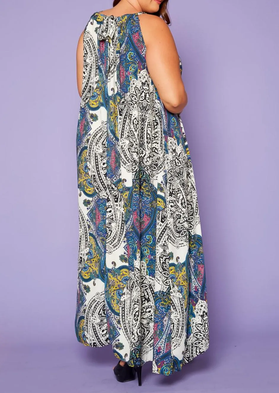 Hi Curvy Plus Size Women Paisley Print maxi Flare Dress with Pockets