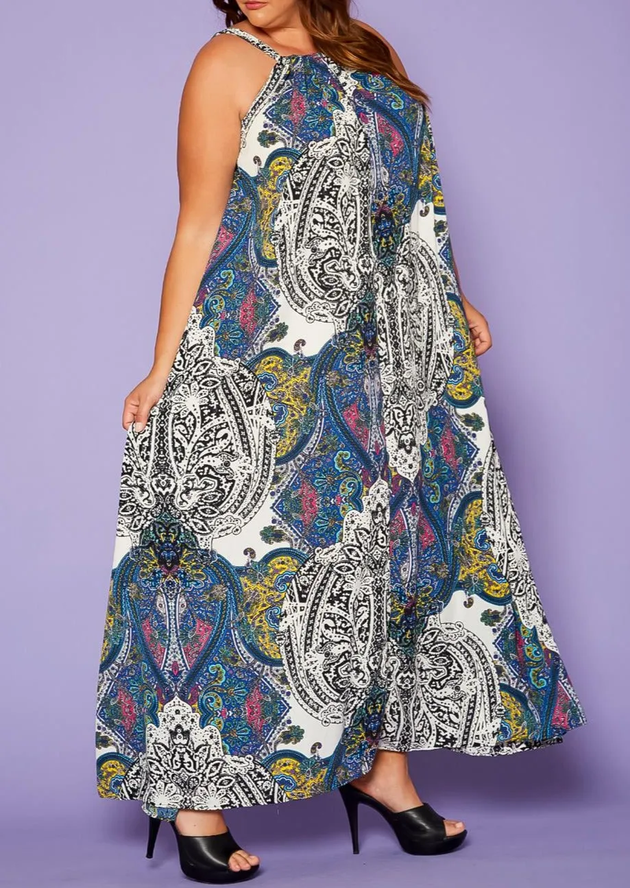 Hi Curvy Plus Size Women Paisley Print maxi Flare Dress with Pockets