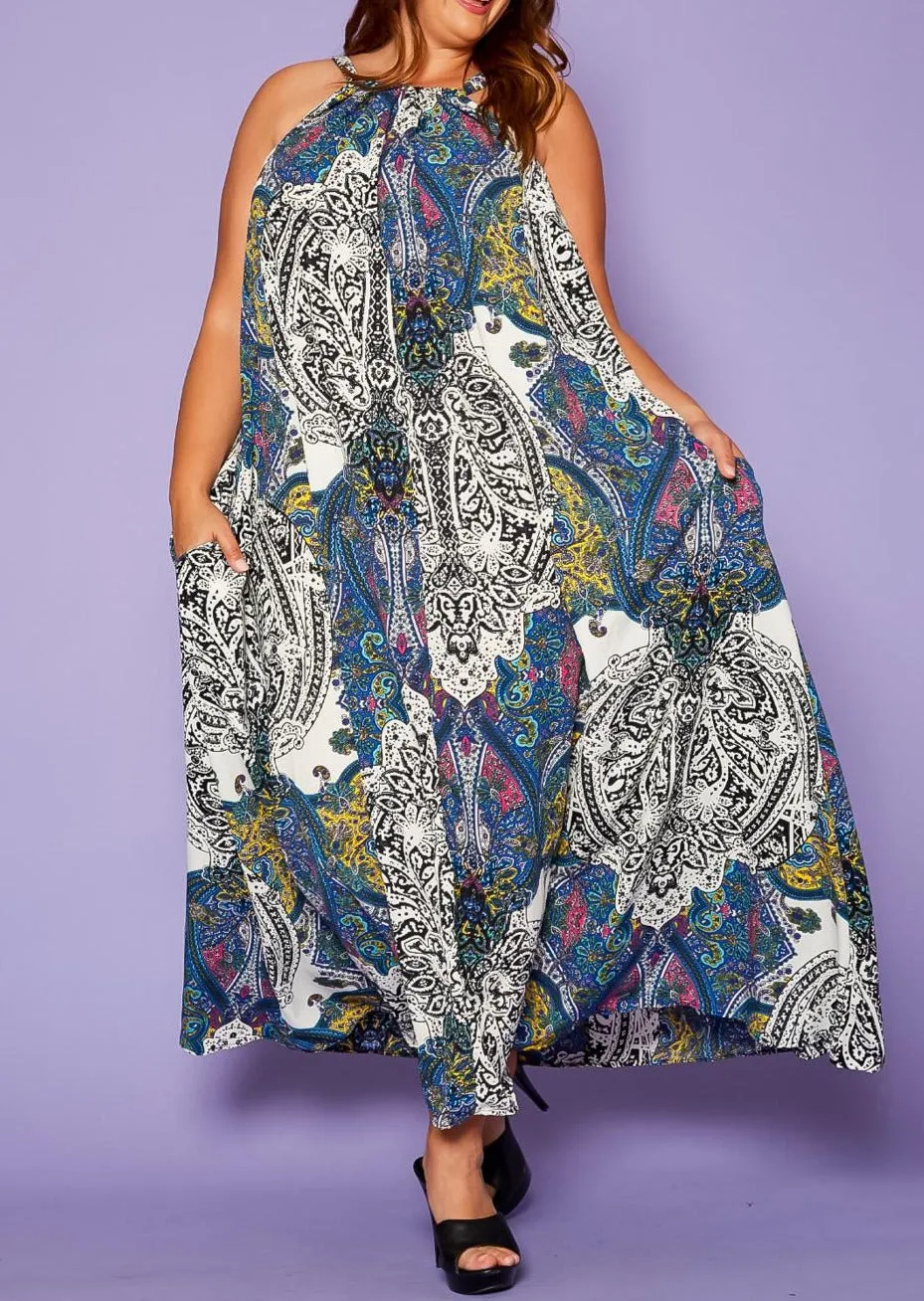 Hi Curvy Plus Size Women Paisley Print maxi Flare Dress with Pockets