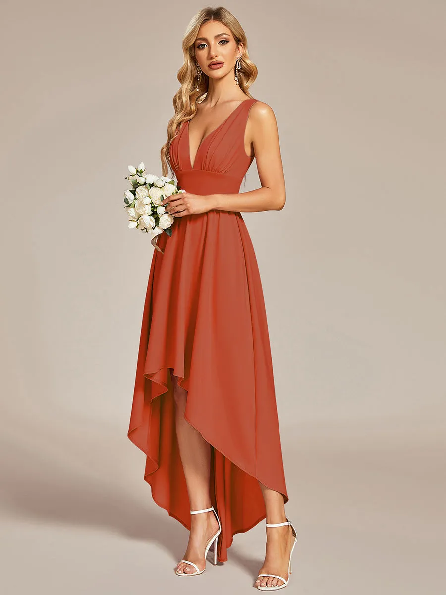 High Low Deep V Neck Sleeveless Wholesale Bridesmaid Dresses