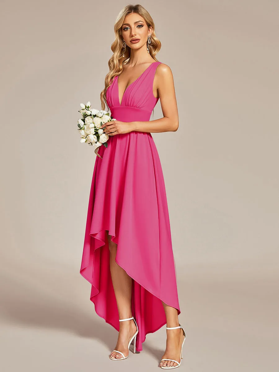 High Low Deep V Neck Sleeveless Wholesale Bridesmaid Dresses