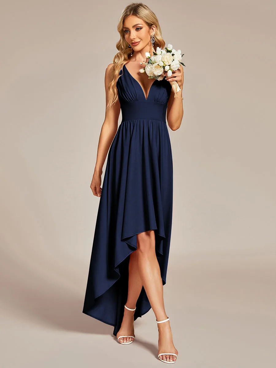 High Low Deep V Neck Sleeveless Wholesale Bridesmaid Dresses