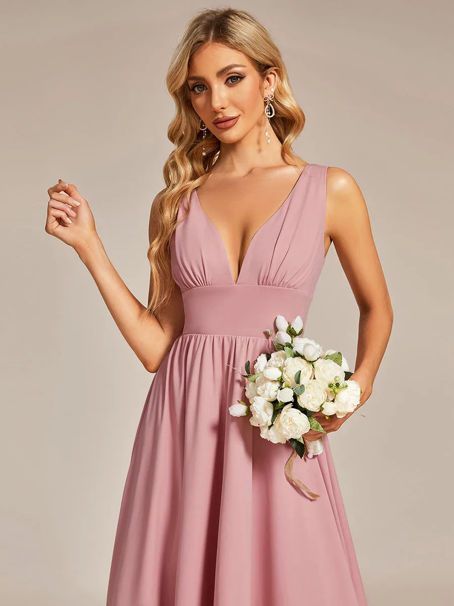 High Low Deep V Neck Sleeveless Wholesale Bridesmaid Dresses