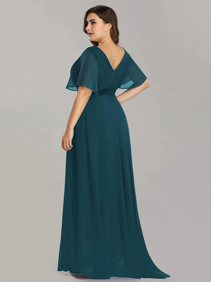 High Waist Maxi Chiffon Bridesmaid Dress with Short Sleeves