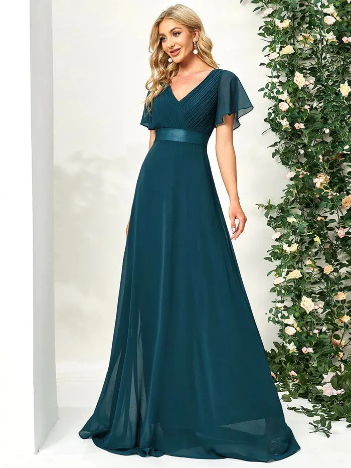 High Waist Maxi Chiffon Bridesmaid Dress with Short Sleeves