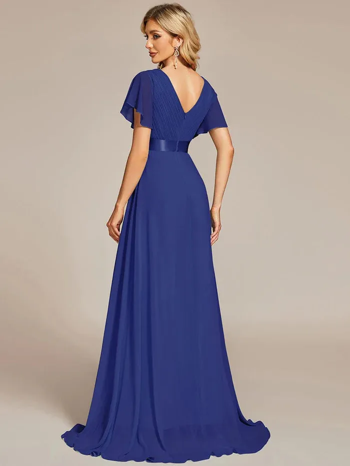 High Waist Maxi Chiffon Bridesmaid Dress with Short Sleeves