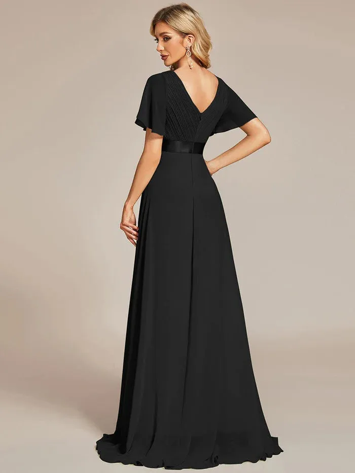 High Waist Maxi Chiffon Bridesmaid Dress with Short Sleeves