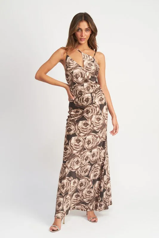 Hot Girl Fall Floral Asymmetrical Neck Maxi Dress In Brown