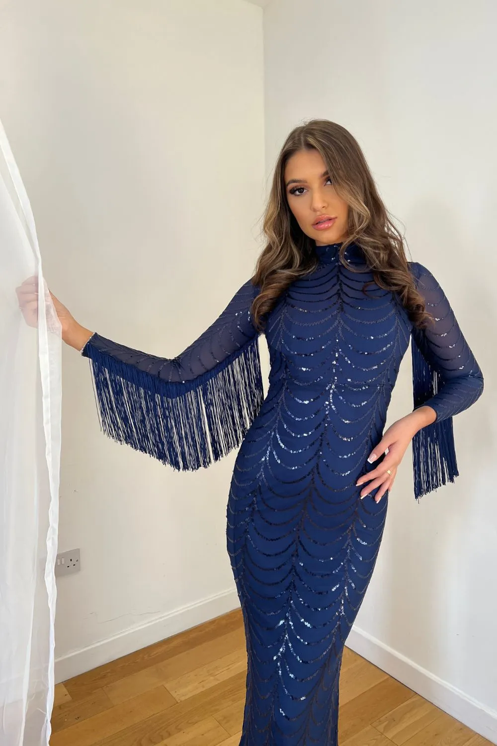 Hypnotic Navy Luxe VIP Tassel Fringe Sequin Embellished Illusion Long Sleeve Maxi Dress