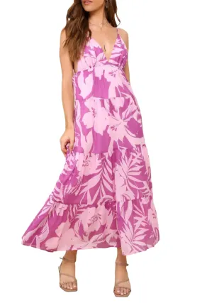 Island Attitude Pink Tropical Floral Tiered Backless Maxi Dress