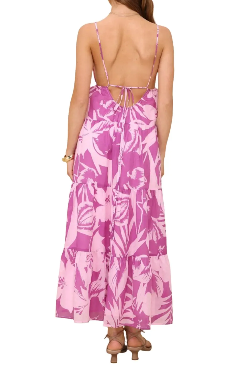 Island Attitude Pink Tropical Floral Tiered Backless Maxi Dress