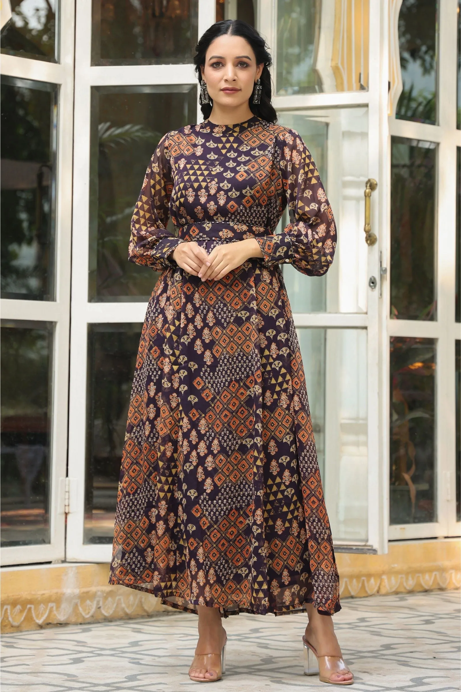 Jashvi Black Ethnic Motif Printed Chiffon Flared Maxi Dress With Buttons.