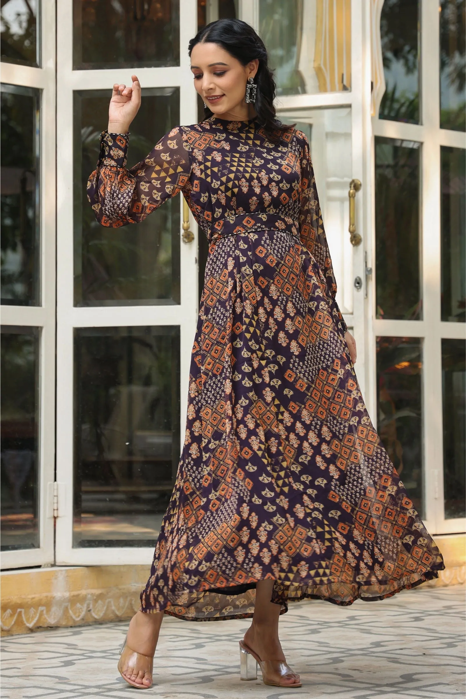 Jashvi Black Ethnic Motif Printed Chiffon Flared Maxi Dress With Buttons.