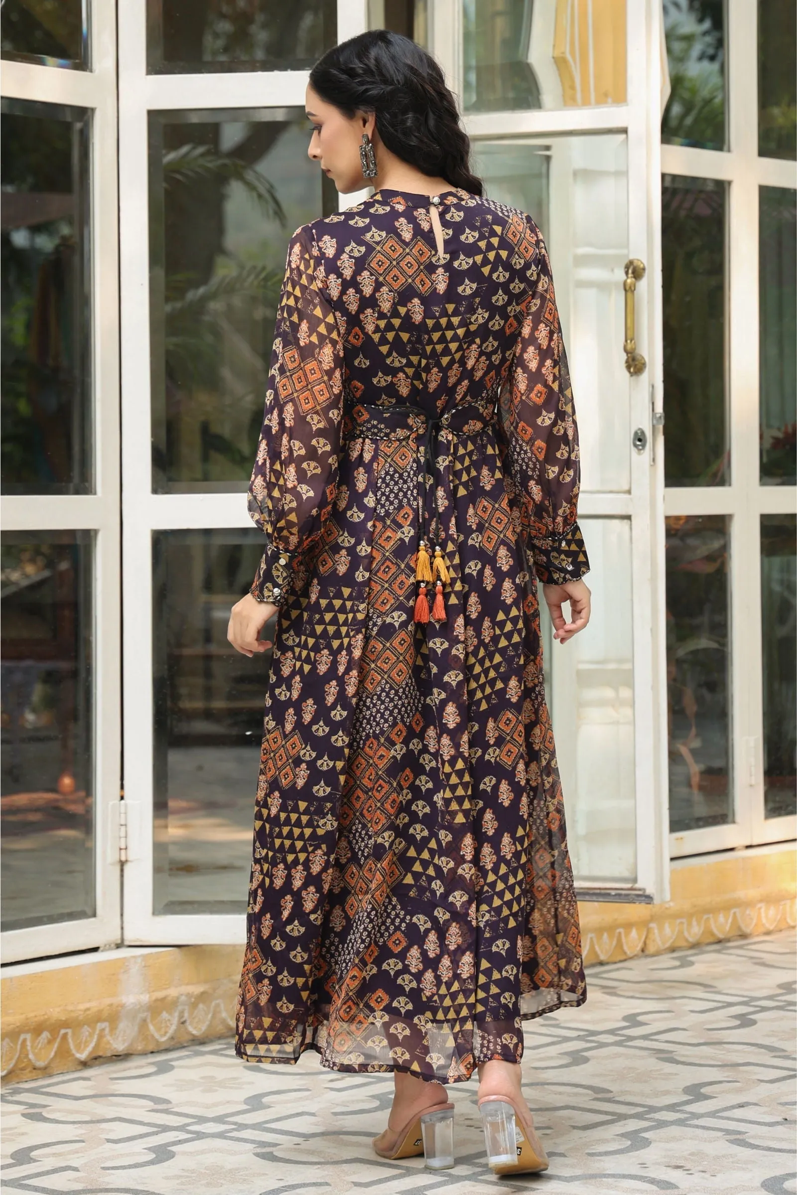 Jashvi Black Ethnic Motif Printed Chiffon Flared Maxi Dress With Buttons.