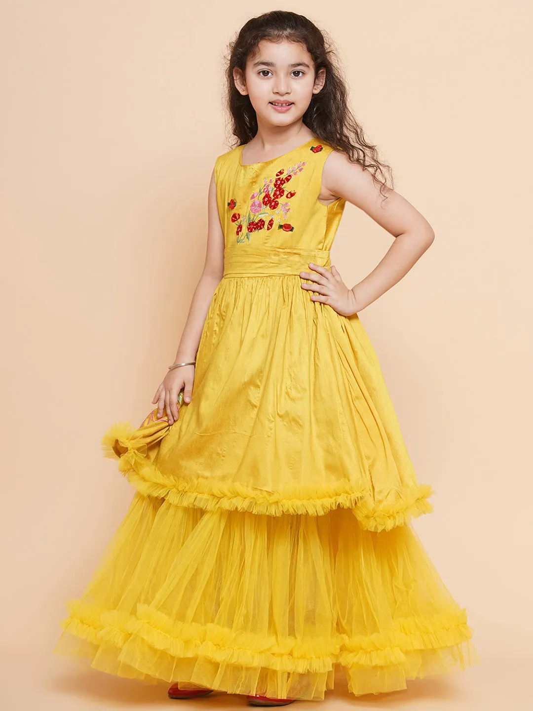 Jashvi Girls Peach Floral Printed Shrug & Blouse With Ready to Wear Lehenga.