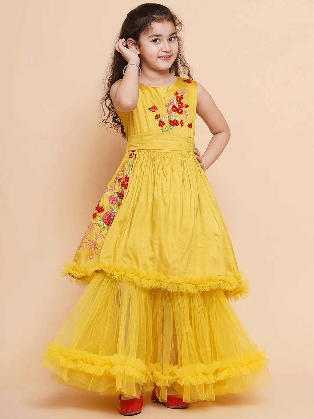 Jashvi Girls Peach Floral Printed Shrug & Blouse With Ready to Wear Lehenga.