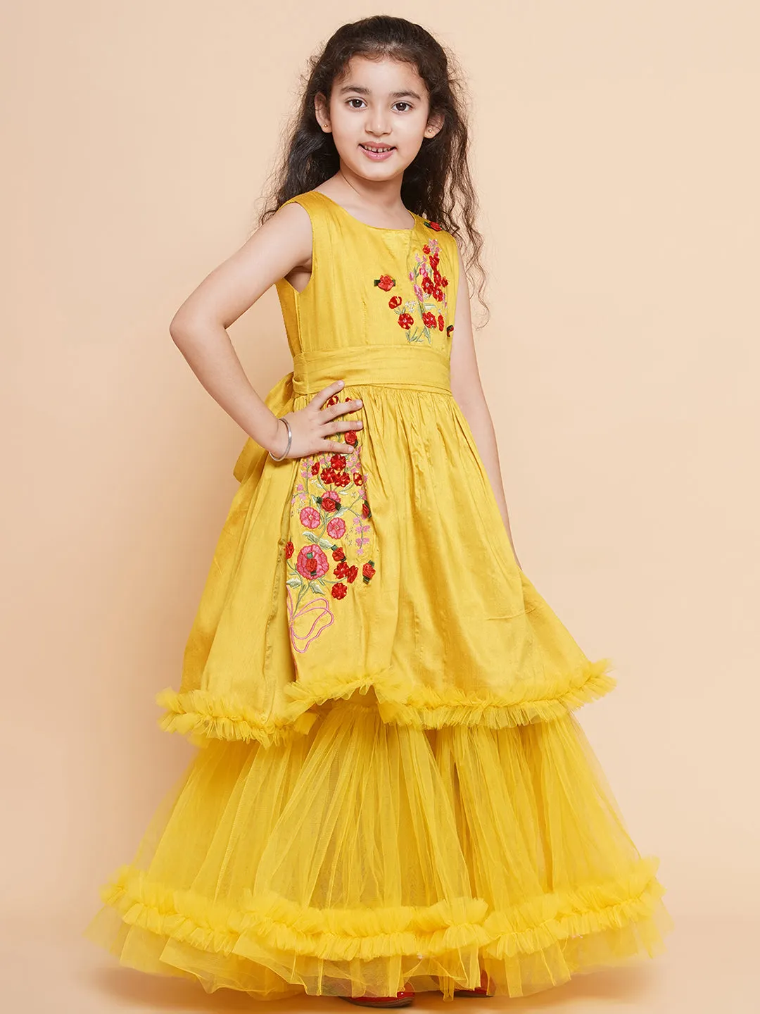 Jashvi Girls Peach Floral Printed Shrug & Blouse With Ready to Wear Lehenga.