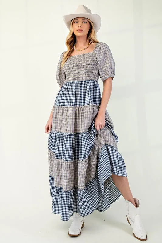 JESSIE PLAID MIX TIERED MAXI DRESS