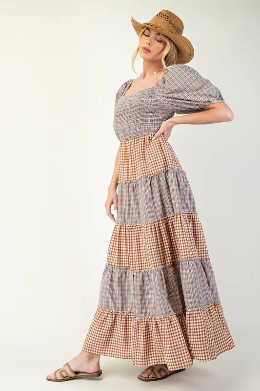 JESSIE PLAID MIX TIERED MAXI DRESS