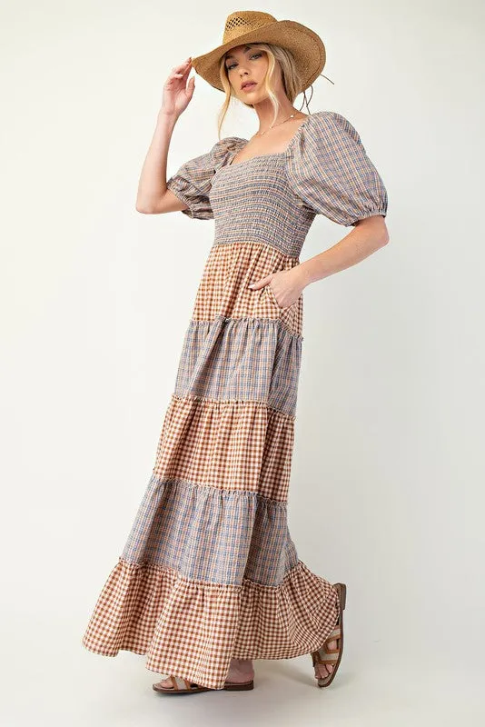 JESSIE PLAID MIX TIERED MAXI DRESS