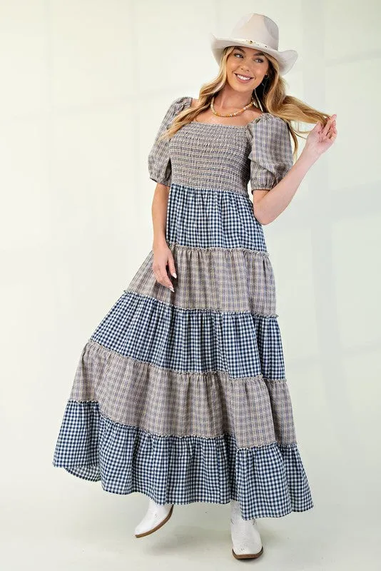 JESSIE PLAID MIX TIERED MAXI DRESS